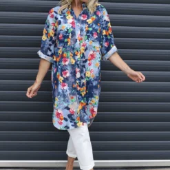 Amelia Bouquet Print Cotton Shirt Navy