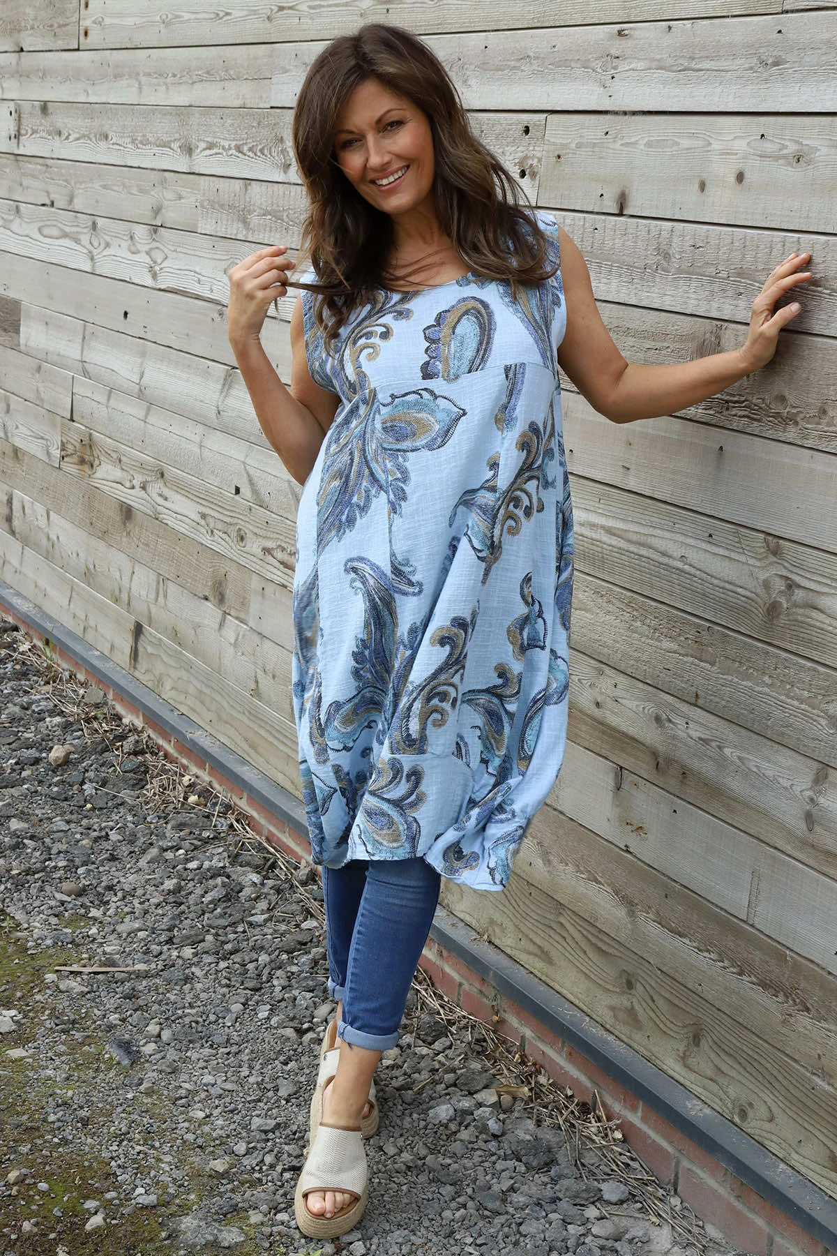 Carrie Sleeveless Pattern Cotton Dress Light Blue 3 Carrie Sleeveless Pattern Cotton Dress Light Blue