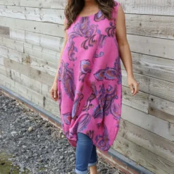 Carrie Sleeveless Pattern Cotton Dress Fuchsia