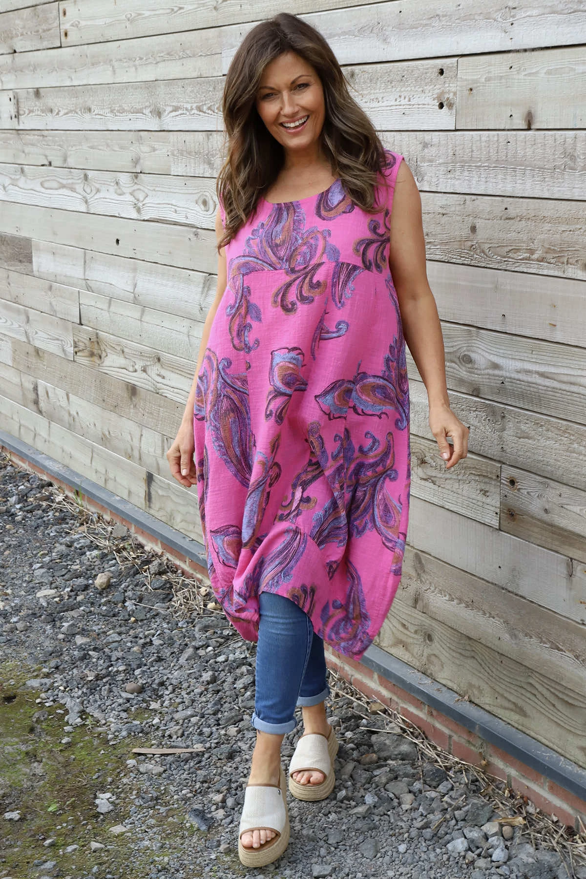 Carrie Sleeveless Pattern Cotton Dress Fuchsia 3 Carrie Sleeveless Pattern Cotton Dress Fuchsia