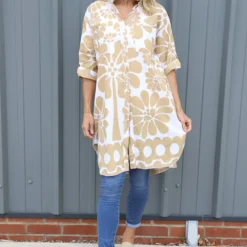 Amelia Tropical Print Cotton Shirt Camel