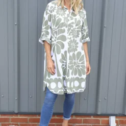 Amelia Tropical Print Cotton Shirt Khaki