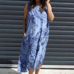 Rosina Botanical Print Sleeveless Dress Blue