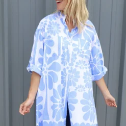 Amelia Tropical Print Cotton Shirt Powder Blue