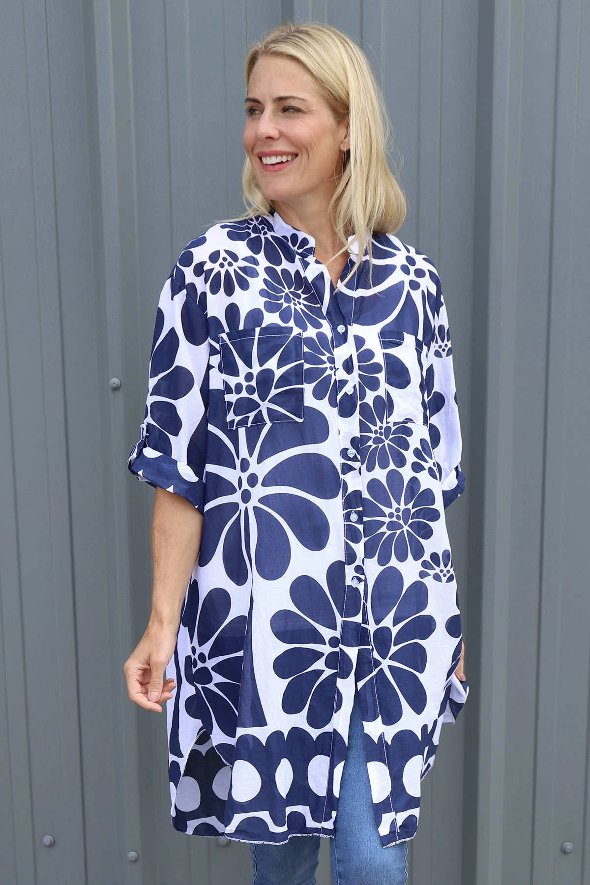 Amelia Tropical Print Cotton Shirt Navy 3 Amelia Tropical Print Cotton Shirt Navy