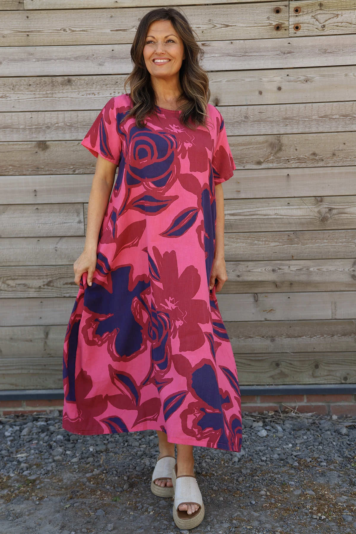 Polzeath Rose Print Linen Dress Fuchsia 3 Polzeath Rose Print Linen Dress Fuchsia