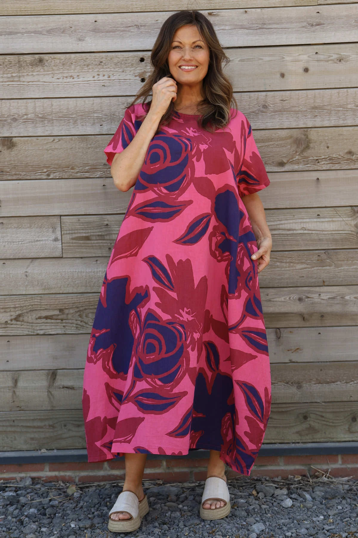Polzeath Rose Print Linen Dress Fuchsia 4 Polzeath Rose Print Linen Dress Fuchsia - Image 2