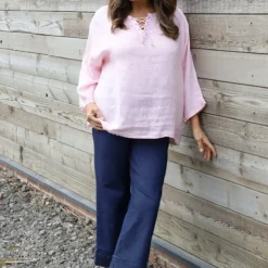 Celestina Tie Detail Linen Top Pink