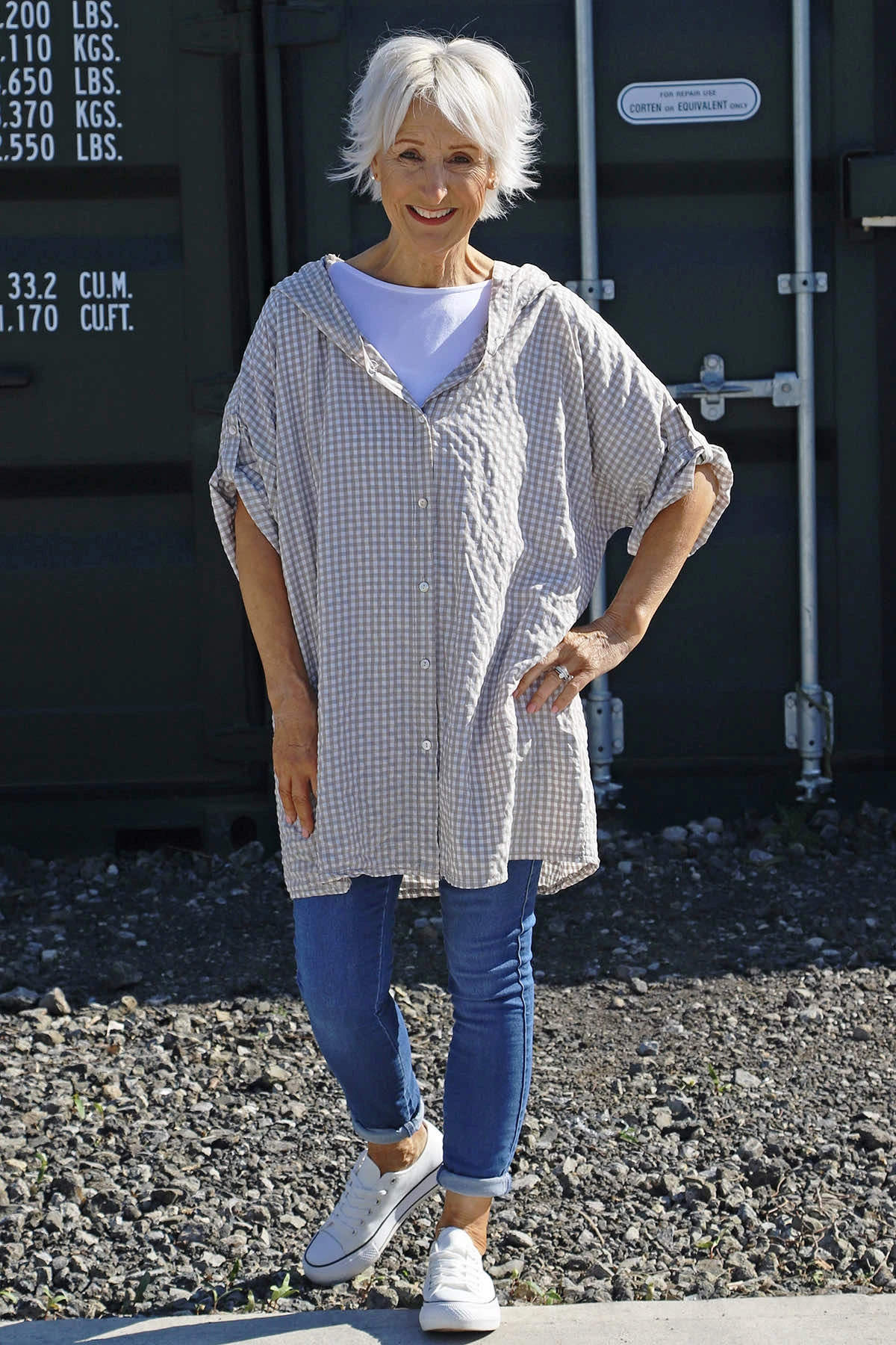 Kyan Gingham Hooded Cotton Shirt Stone 3 Kyan Gingham Hooded Cotton Shirt Stone