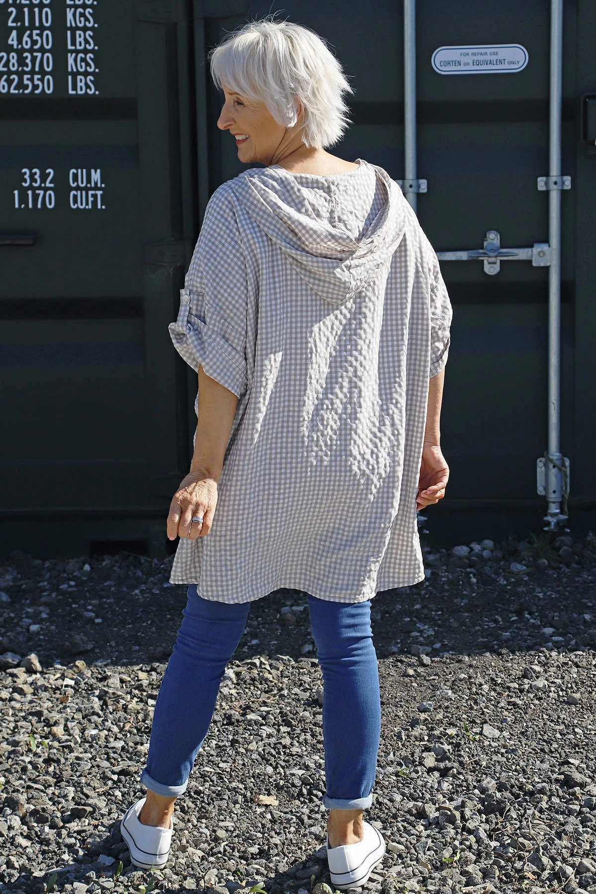 Kyan Gingham Hooded Cotton Shirt Stone 6 Kyan Gingham Hooded Cotton Shirt Stone - Image 4