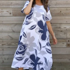 Polzeath Rose Print Linen Dress White