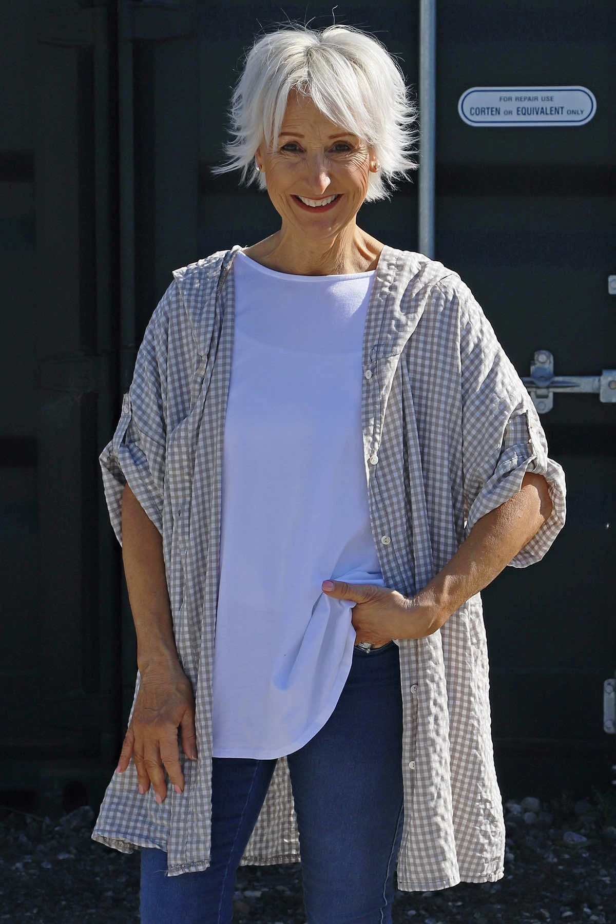 Kyan Gingham Hooded Cotton Shirt Stone 4 Kyan Gingham Hooded Cotton Shirt Stone - Image 2