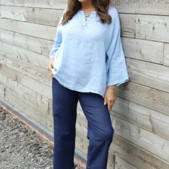 Celestina Tie Detail Linen Top Light Blue