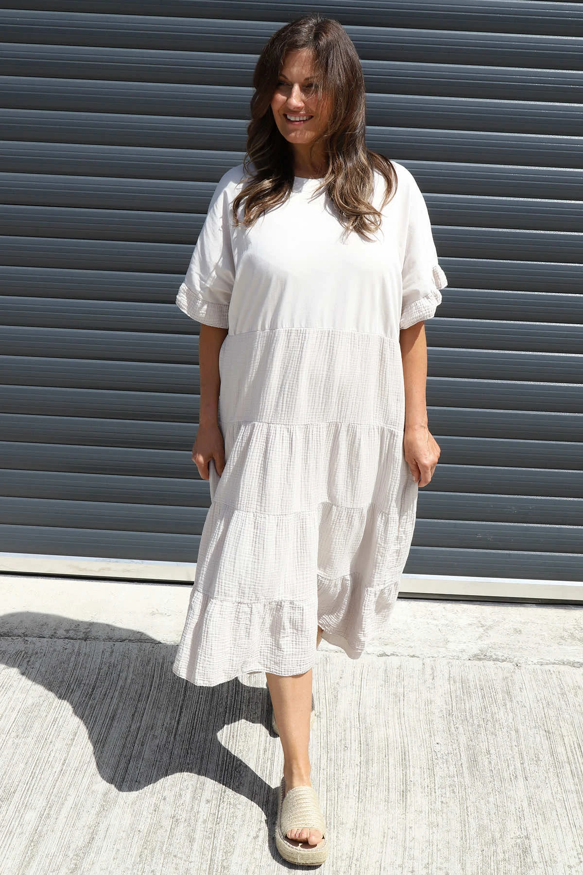 Soleil Tiered Crinkle Cotton Dress Stone 3 Soleil Tiered Crinkle Cotton Dress Stone