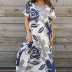 Polzeath Rose Print Linen Dress Stone