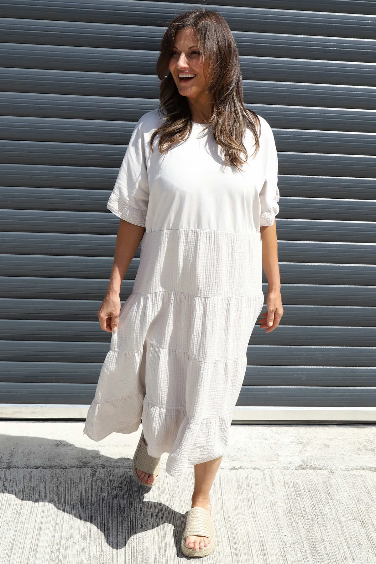 Soleil Tiered Crinkle Cotton Dress Stone 4 Soleil Tiered Crinkle Cotton Dress Stone - Image 2