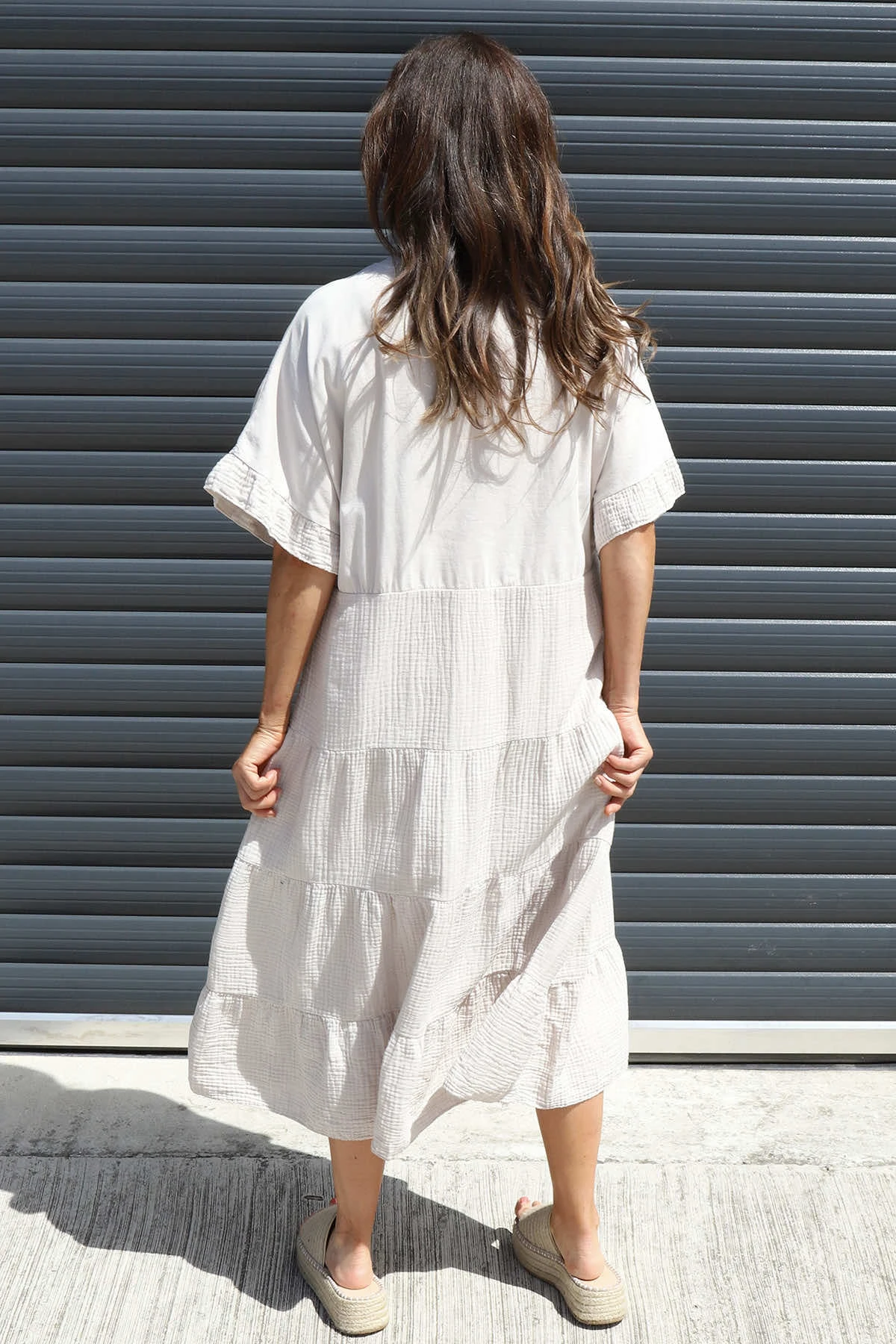 Soleil Tiered Crinkle Cotton Dress Stone 6 Soleil Tiered Crinkle Cotton Dress Stone - Image 4