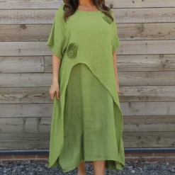 Lulworth Layered Rosette Linen Dress Olive
