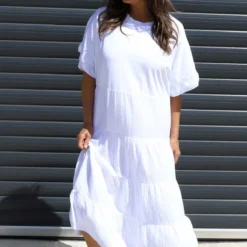 Soleil Tiered Crinkle Cotton Dress White