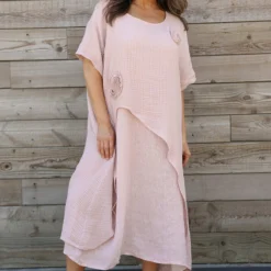 Lulworth Layered Rosette Linen Dress Dusky Pink