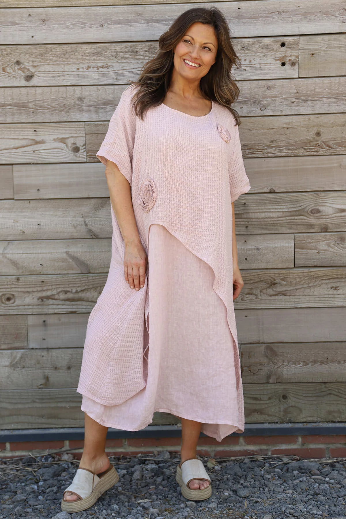 Lulworth Layered Rosette Linen Dress Dusky Pink 3 Lulworth Layered Rosette Linen Dress Dusky Pink