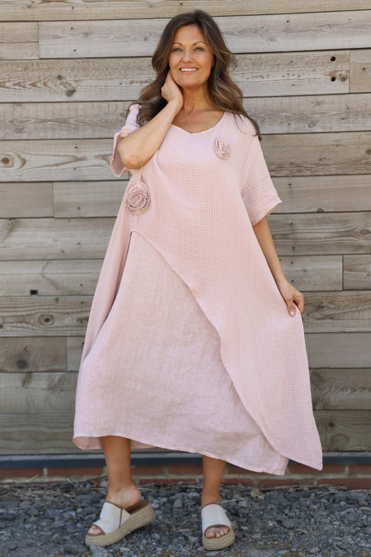 Lulworth Layered Rosette Linen Dress Dusky Pink 4 Lulworth Layered Rosette Linen Dress Dusky Pink - Image 2