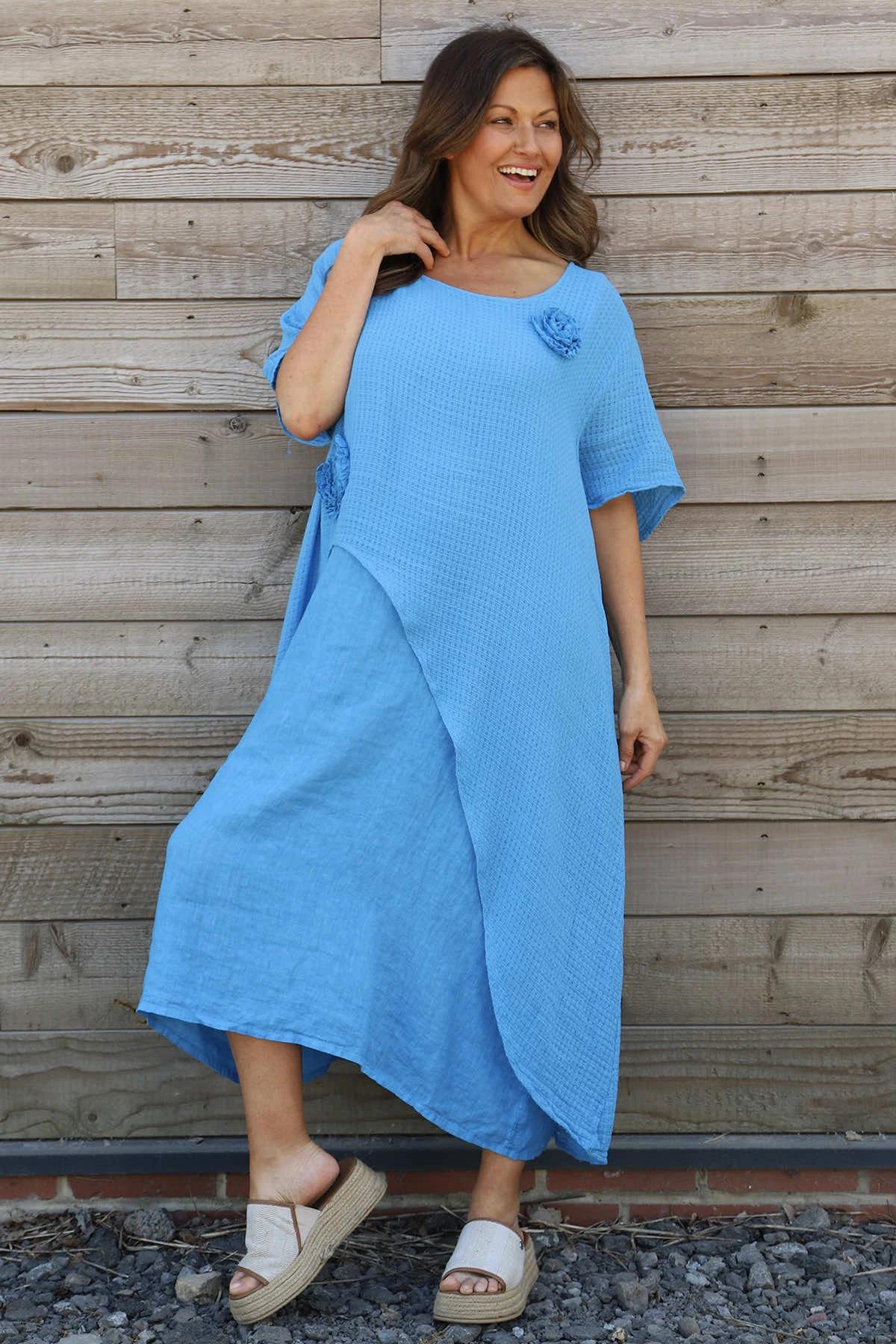 Lulworth Layered Rosette Linen Dress Blue 4 Lulworth Layered Rosette Linen Dress Blue - Image 2