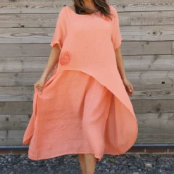 Lulworth Layered Rosette Linen Dress Orange