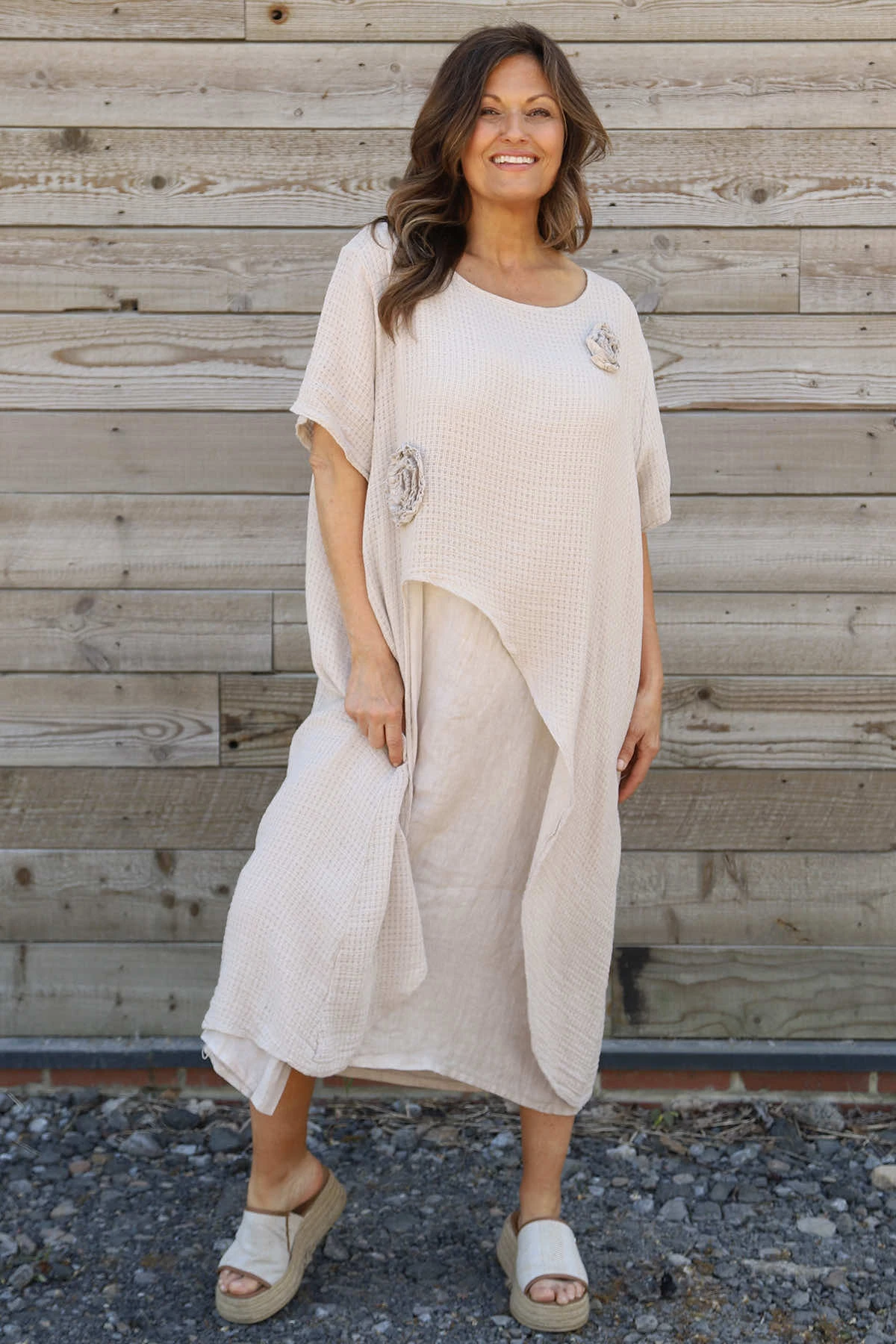 Lulworth Layered Rosette Linen Dress Stone 4 Lulworth Layered Rosette Linen Dress Stone - Image 2