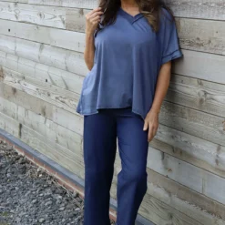 Luisa Washed V-Neck Cotton Top Navy