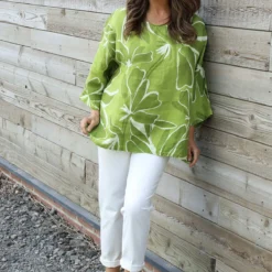 Vicki Pattern Linen Top Olive