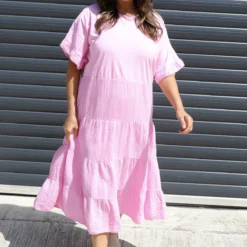 Soleil Tiered Crinkle Cotton Dress Pink