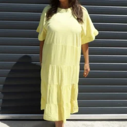 Soleil Tiered Crinkle Cotton Dress Yellow