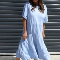 Soleil Tiered Crinkle Cotton Dress Light Blue