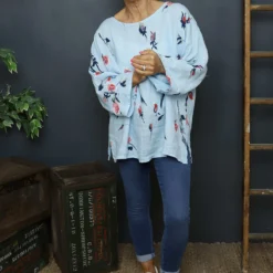 Vicki Rose Print Linen Top Powder Blue