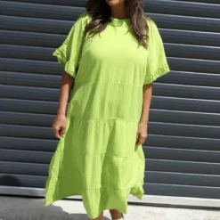 Soleil Tiered Crinkle Cotton Dress Lime