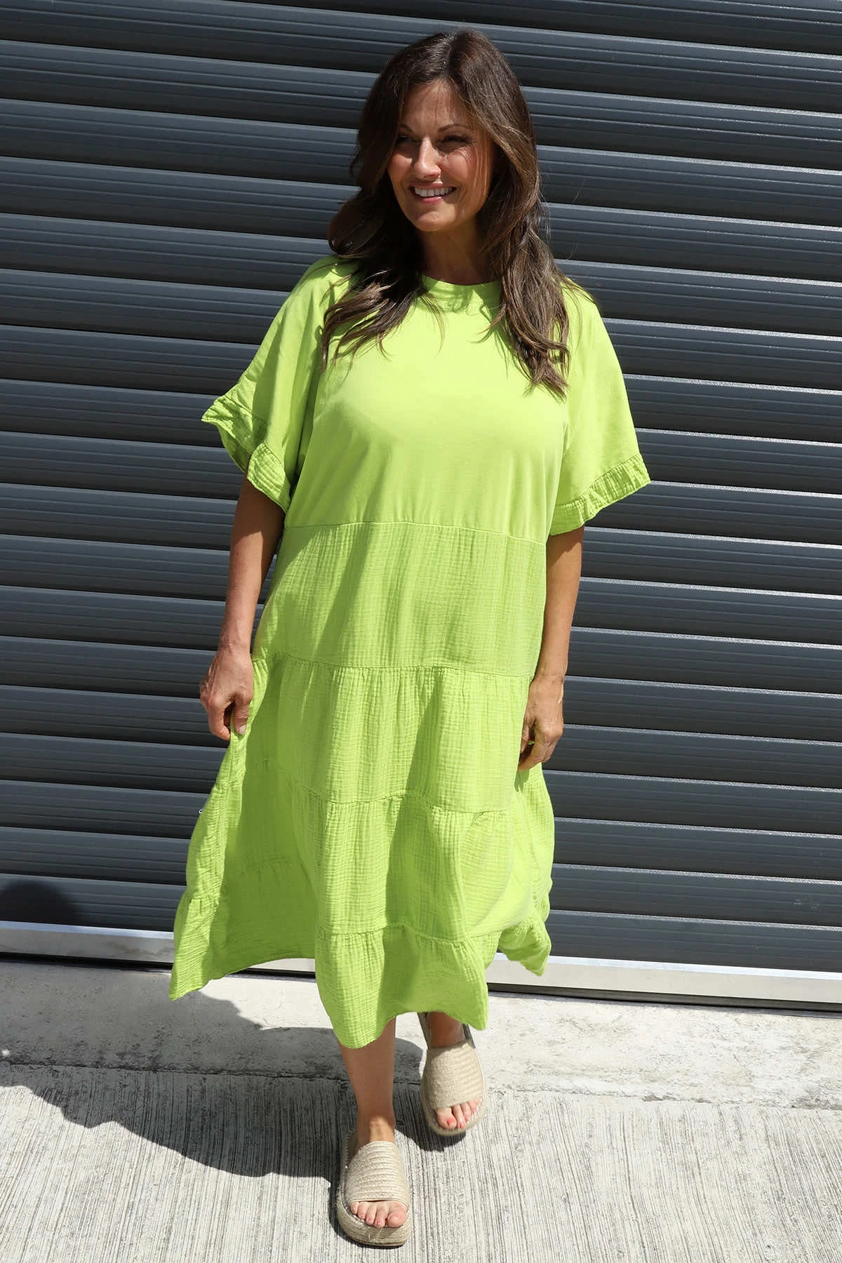 Soleil Tiered Crinkle Cotton Dress Lime 3 Soleil Tiered Crinkle Cotton Dress Lime