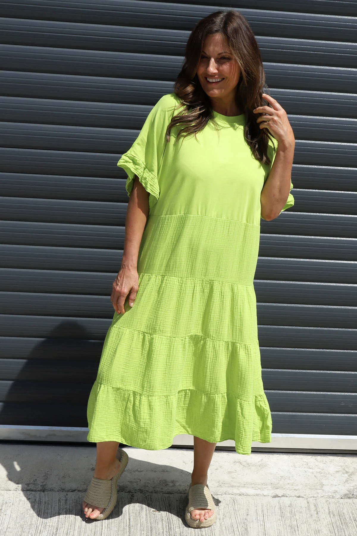 Soleil Tiered Crinkle Cotton Dress Lime 4 Soleil Tiered Crinkle Cotton Dress Lime - Image 2