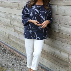 Vicki Pattern Linen Top Navy