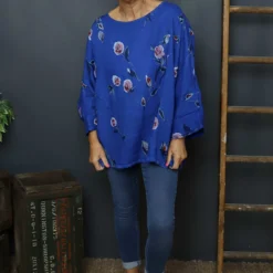 Vicki Rose Print Linen Top Cobalt