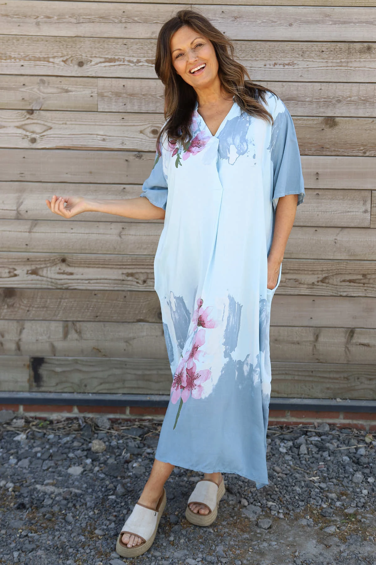 Sandsend Flower Print V Neck Dress Blue 3 Sandsend Flower Print V Neck Dress Blue