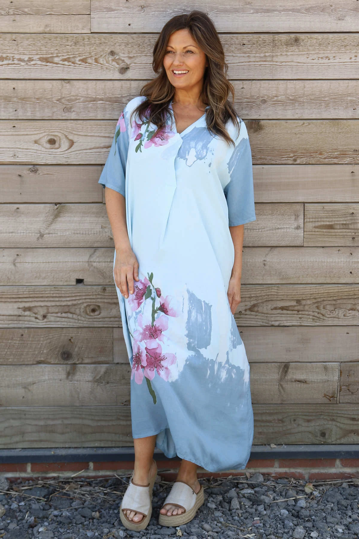 Sandsend Flower Print V Neck Dress Blue 4 Sandsend Flower Print V Neck Dress Blue - Image 2