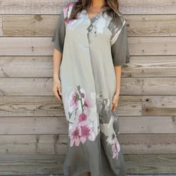 Sandsend Flower Print V Neck Dress Khaki