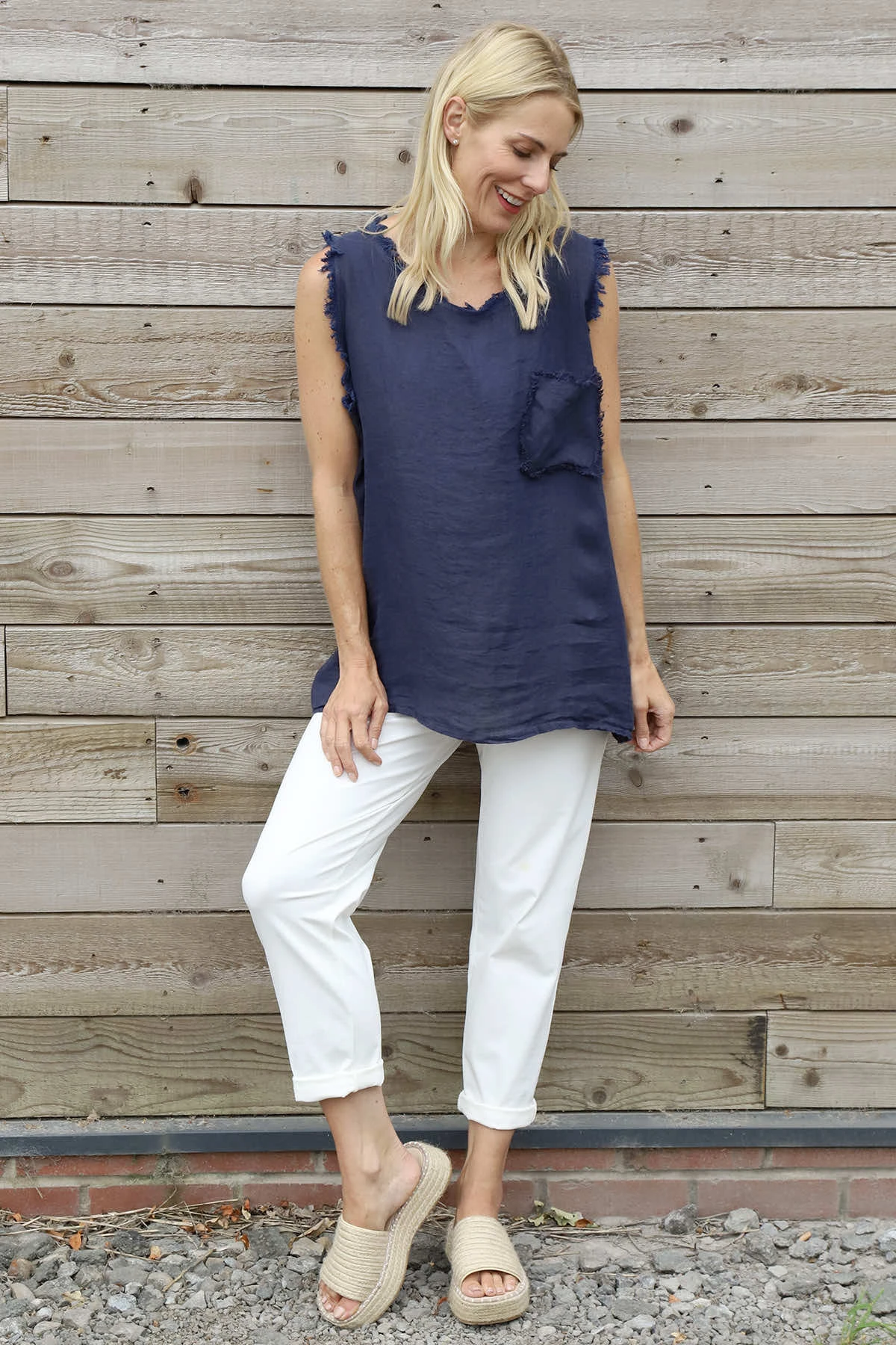 Therese Sleeveless Linen Top Navy 4 Therese Sleeveless Linen Top Navy - Image 2