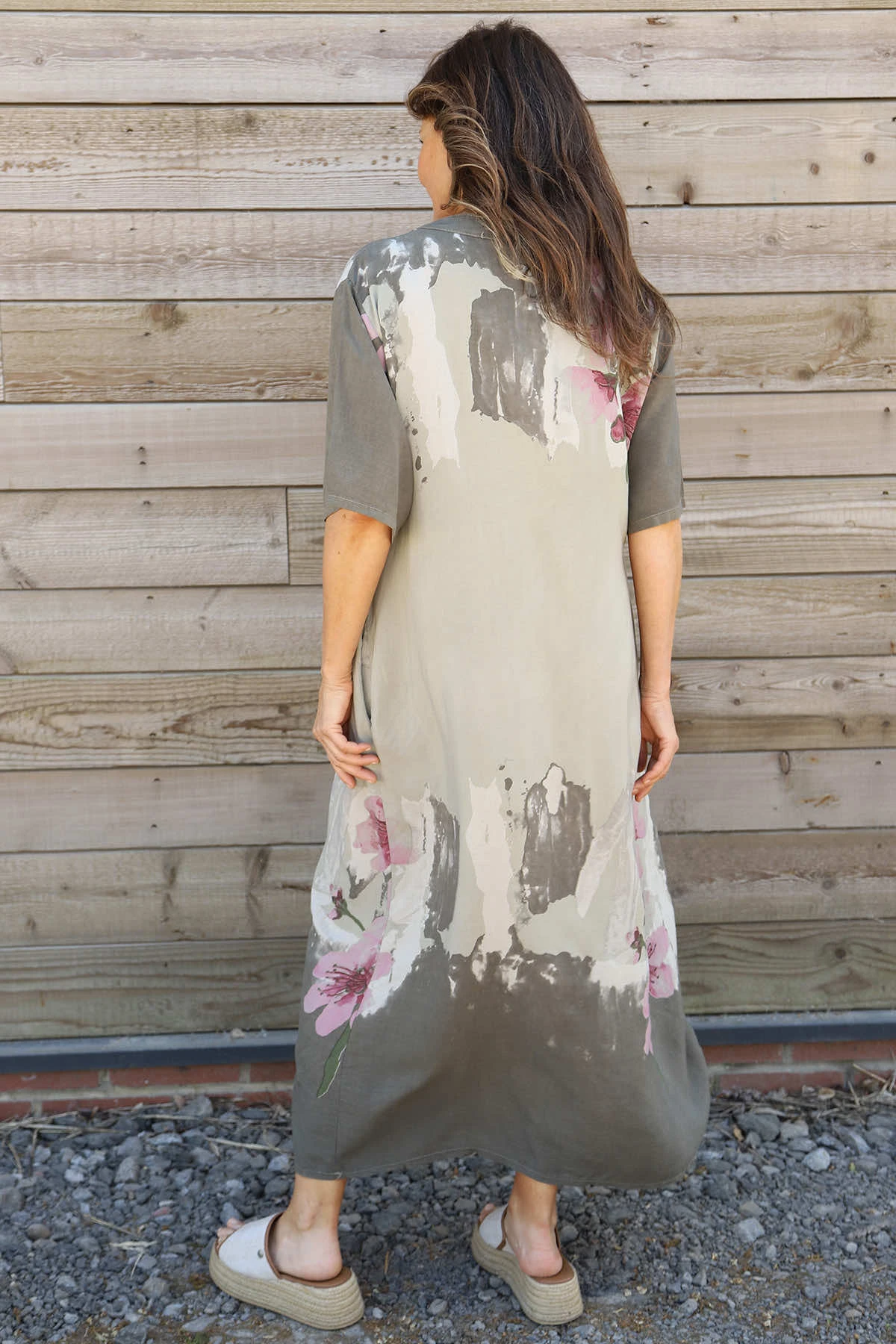 Sandsend Flower Print V Neck Dress Khaki 6 Sandsend Flower Print V Neck Dress Khaki - Image 4