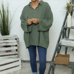 Marsha Crinkle Cotton Top Khaki