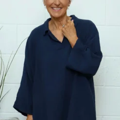 Marsha Crinkle Cotton Top Navy