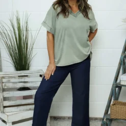 Luisa Washed V-Neck Cotton Top Khaki