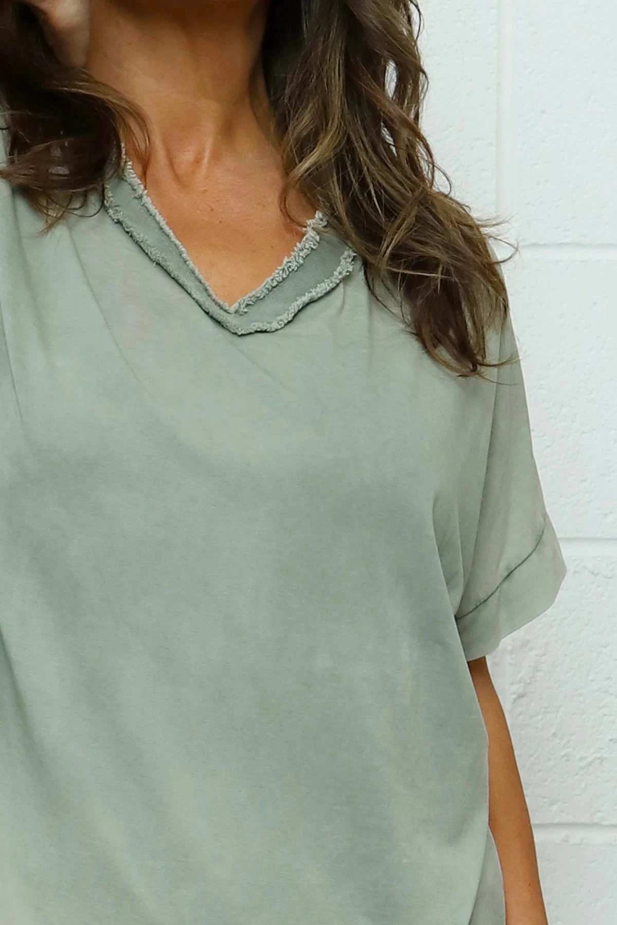 Luisa Washed V-Neck Cotton Top Khaki 5 Luisa Washed V-Neck Cotton Top Khaki - Image 3