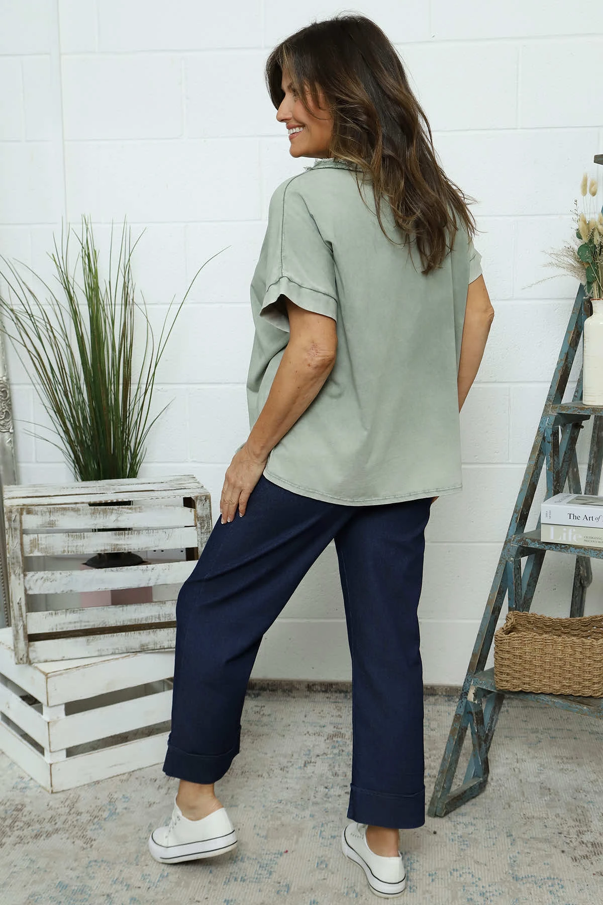 Luisa Washed V-Neck Cotton Top Khaki 6 Luisa Washed V-Neck Cotton Top Khaki - Image 4